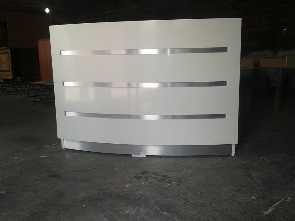 Curved White Reception Table with Wooden Trim