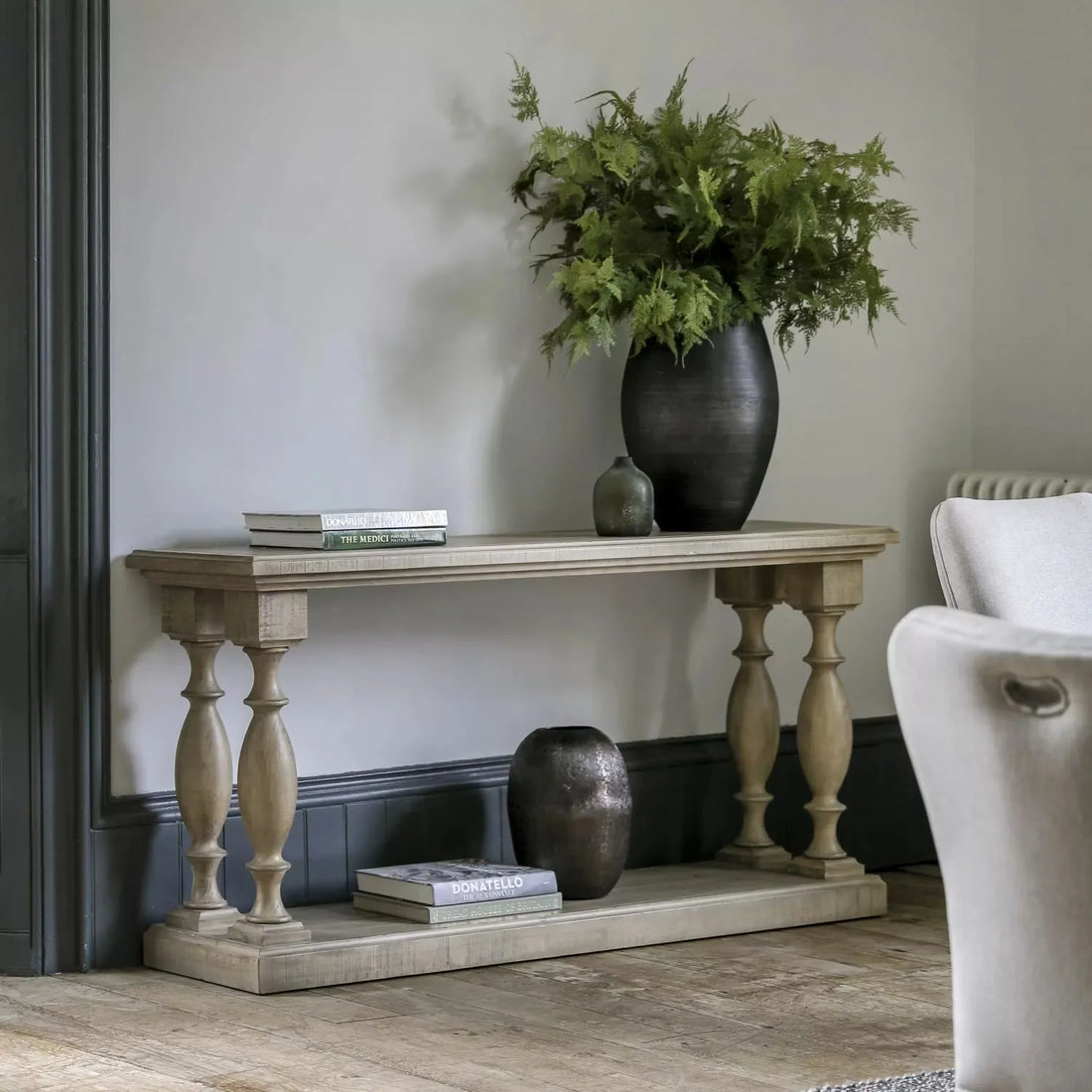 Distressed Two-Tier Console with Chunky Turned Legs