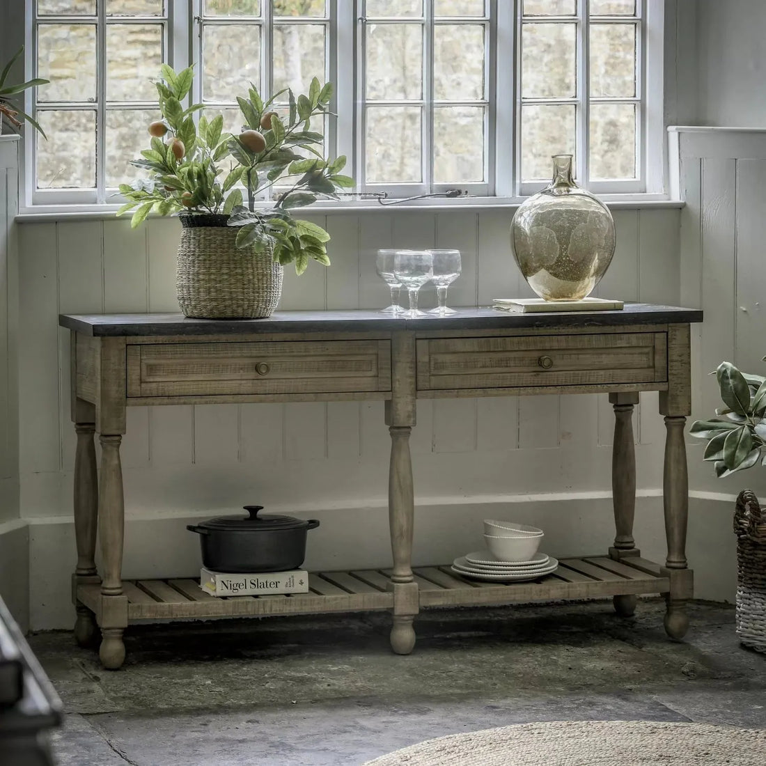 Rustic Farmhouse Console with Black Top