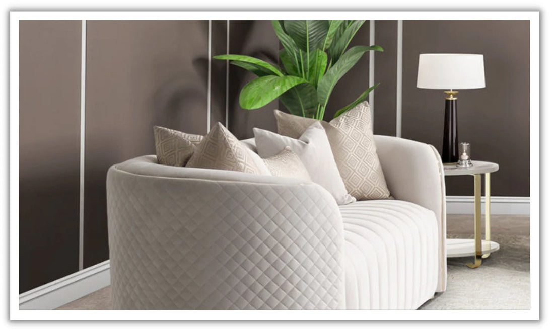 Quilted Ivory Velvet Sofa with Channel Tufting