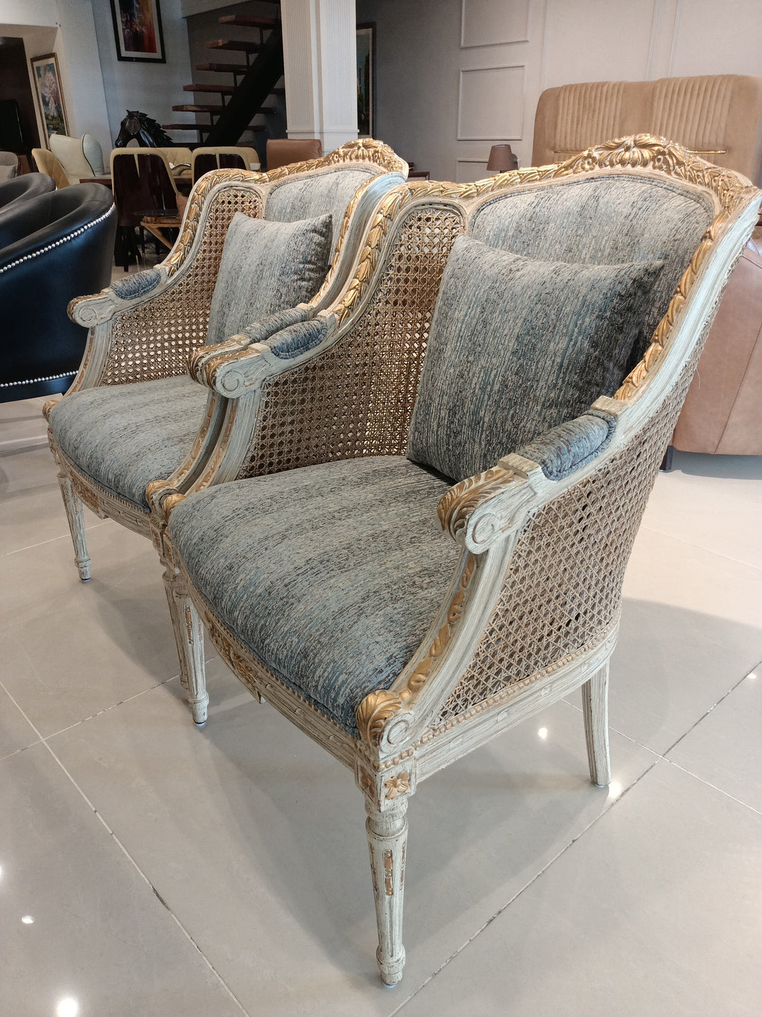 Blue Floral Fabric Accent Chairs (Pair)