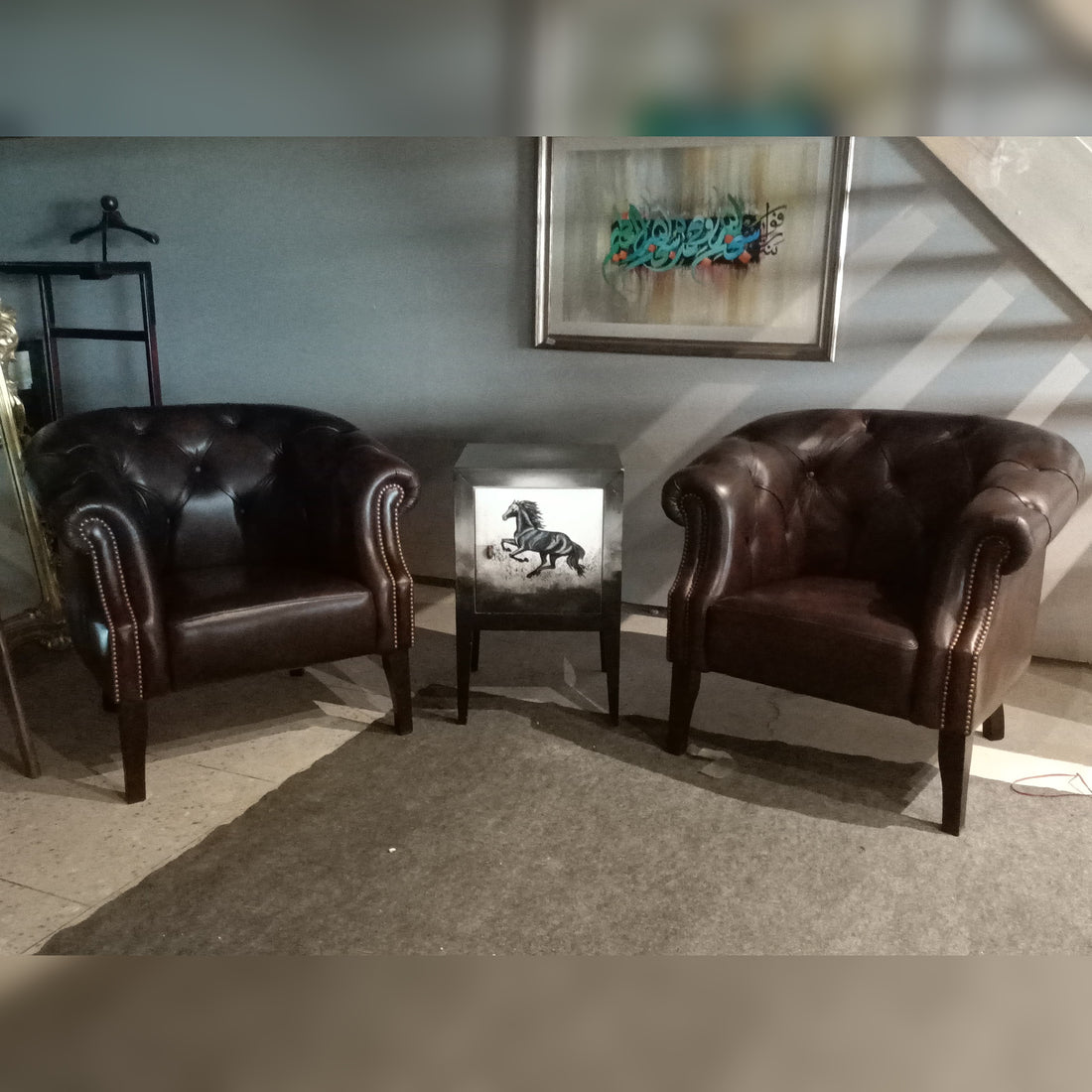 Chesterfield Brown Leather Sofa with 2 Chairs