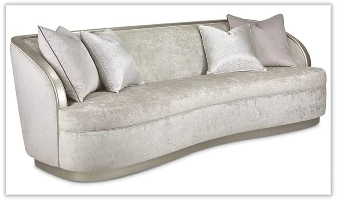 Curved Pearl Velvet Sofa with Chrome Accents