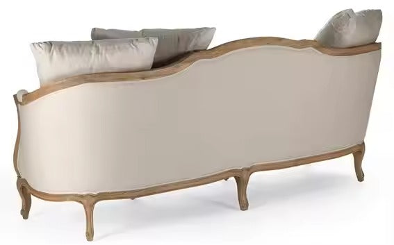 French-Inspired Beige Carved Wood Frame Sofa