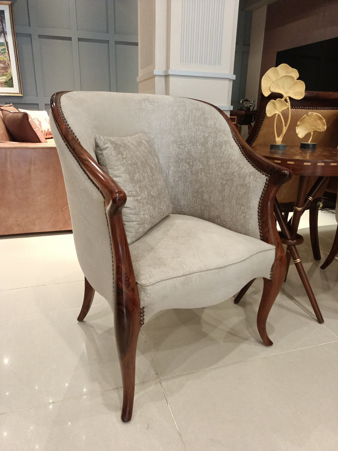Velvet Cream Armchairs with Gold Frame (Pair)