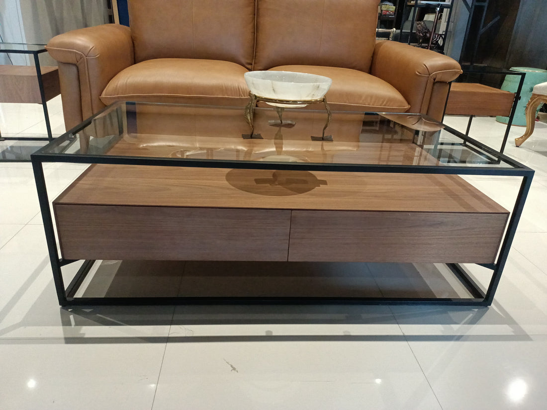 Dual-Level Glass & Wood Center Table Set